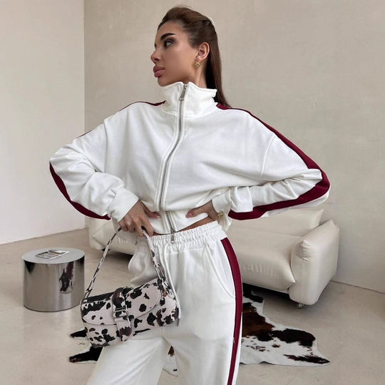 Damen Relaxed-Loungewear-Set mit kurzem Zip-Hoodie und weiter Palazzo-Jogginghose mit Seitenpaspel Shop Nory