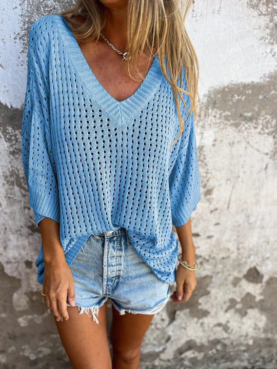Damen nan luftig gestrickter V-Ausschnitt Pullover im Oversize-Schnitt Shop Nory