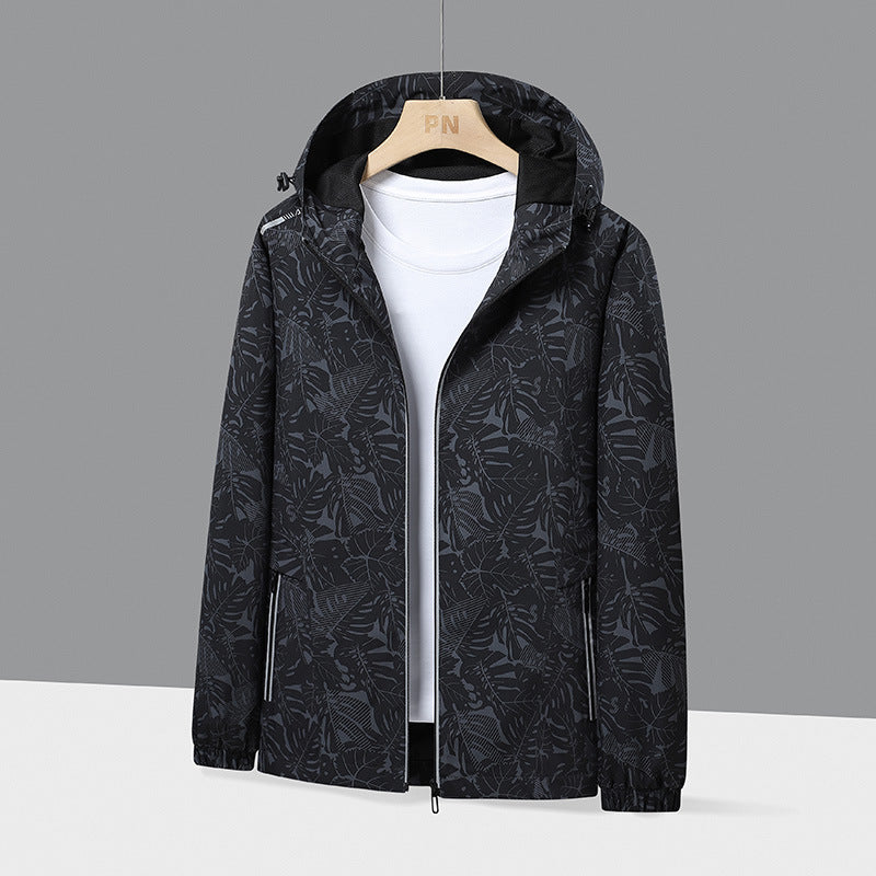 Herren Leichte Kapuzen-Windjacke mit botanischem Alloverprint und elastischen Bündchen Shop Nory