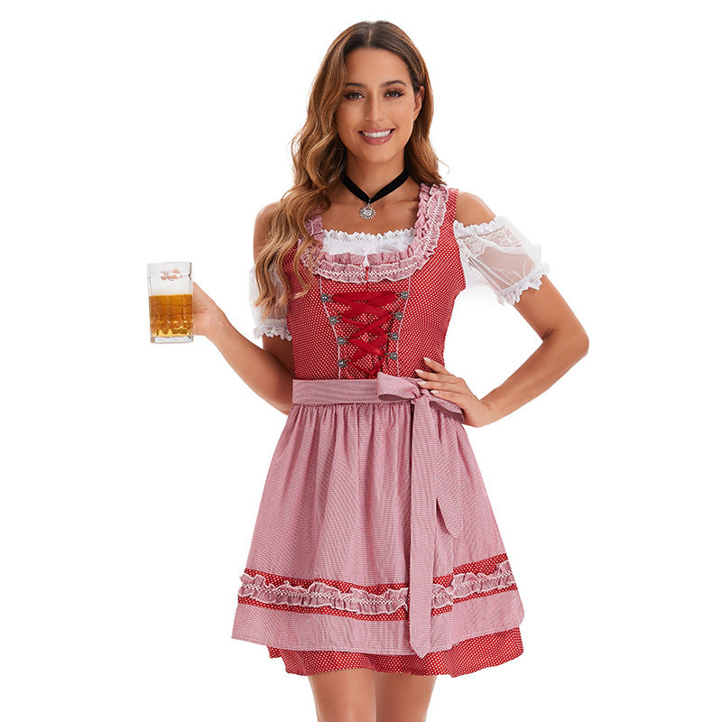 Damen nan kurzes traditionelles Dirndlkleid mit Korsett-Schnürung Spitzendetails und bindbarer Schürze Shop Nory