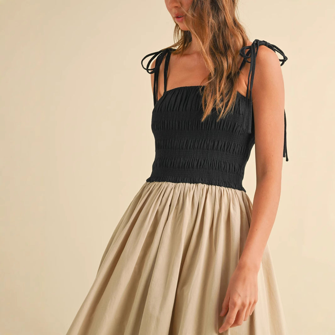 Damen Midikleid mit Smok‑Büste, Bindeträgern und ballonigem Volantrock Shop Nory
