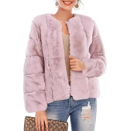 Damen Kurze Plüsch-Bomberjacke aus Kunstpelz mit kastiger Silhouette und Paneelärmeln Shop Nory
