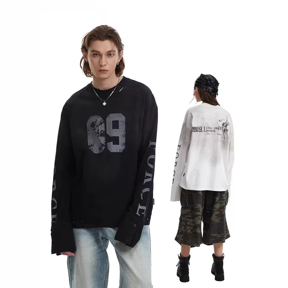Herren Oversize-Longsleeve-Sweatshirt mit Print, verlängerten Manschetten und Used-Details Shop Nory