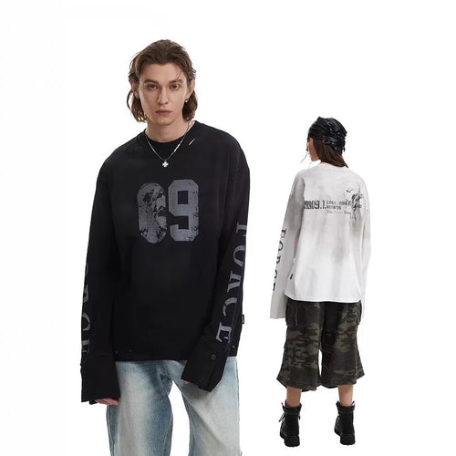 Herren Oversize-Longsleeve-Sweatshirt mit Print, verlängerten Manschetten und Used-Details Shop Nory