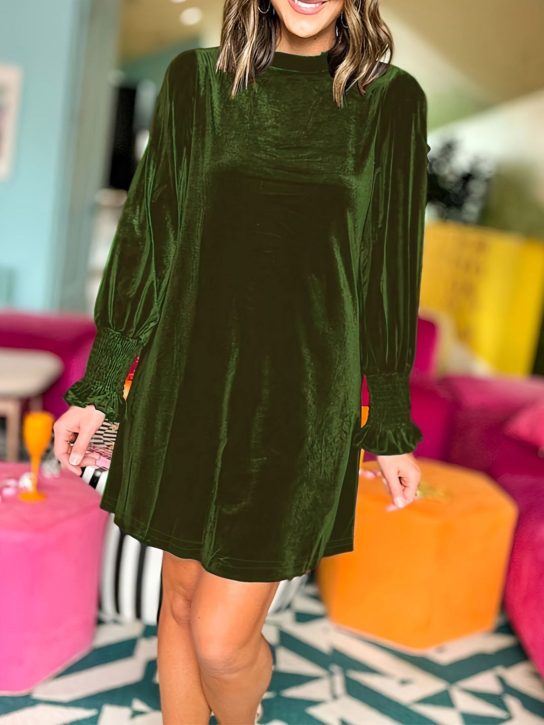 Damen Samt-Minikleid mit Stehkragen und gerafften Smokärmeln Shop Nory
