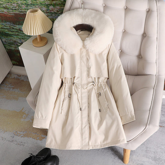 Damen nan mittellanger wasserabweisender Parka mit voluminösem Kunstfellkragen, Taillenzug und multifunktionalen Pattentaschen Shop Nory