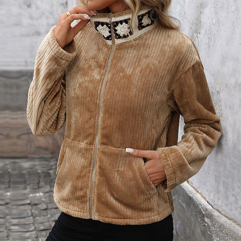 Damen Plüsch-Cordjacke mit Stehkragen, Reißverschluss & Kängurutaschen Shop Nory