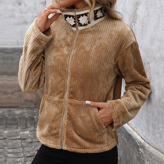 Damen Plüsch-Cordjacke mit Stehkragen, Reißverschluss & Kängurutaschen Shop Nory