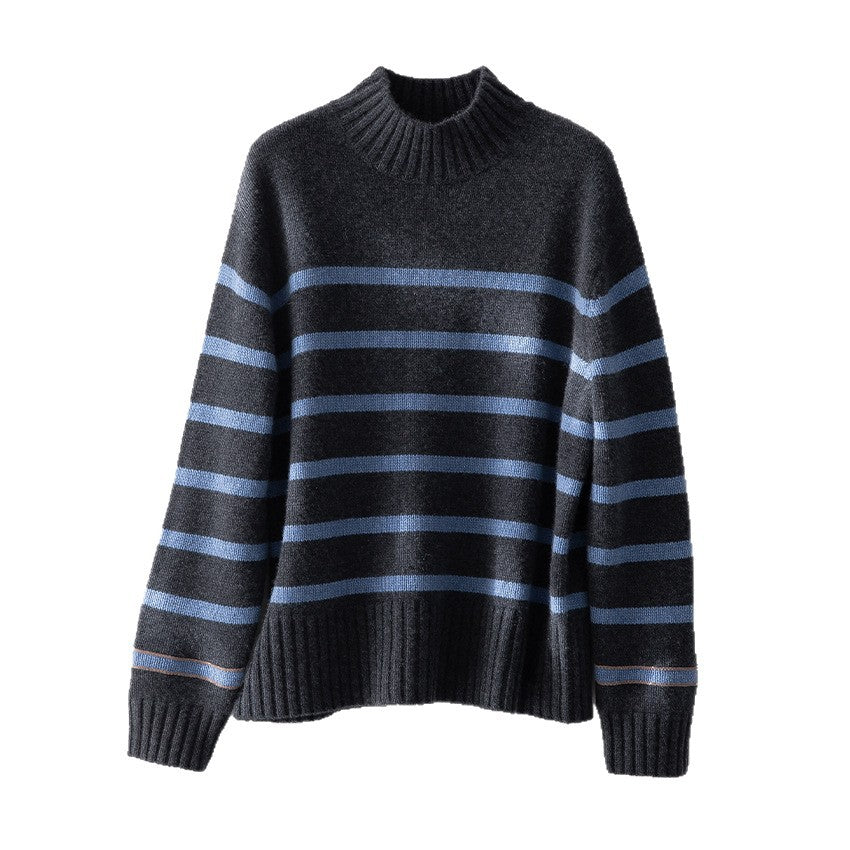 Damen Gestreifter Feinstrick-Pullover mit halbhohem Rippkragen und geripptem Saum Shop Nory