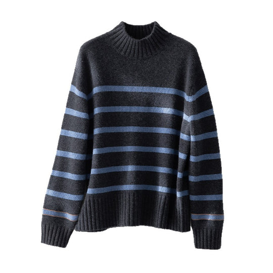 Damen Gestreifter Feinstrick-Pullover mit halbhohem Rippkragen und geripptem Saum Shop Nory