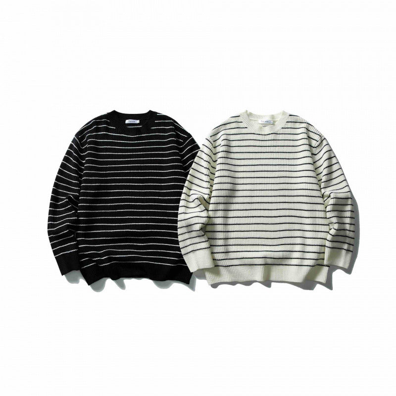 Unisex Oversize Streifen-Strickpullover mit Rundhalsausschnitt und geripptem Saum Shop Nory