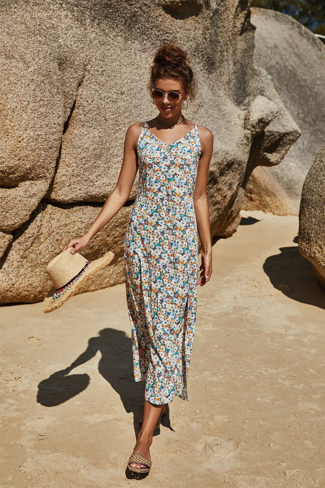 Damen Maxikleid mit floralem Muster und seitlichem Schlitz