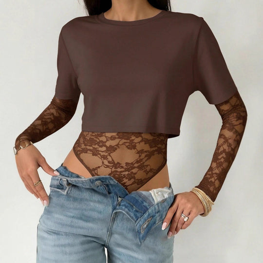 Damen Kurzschnitt-Shirt mit transparentem Spitzen-Bodysuit-Overlay Shop Nory