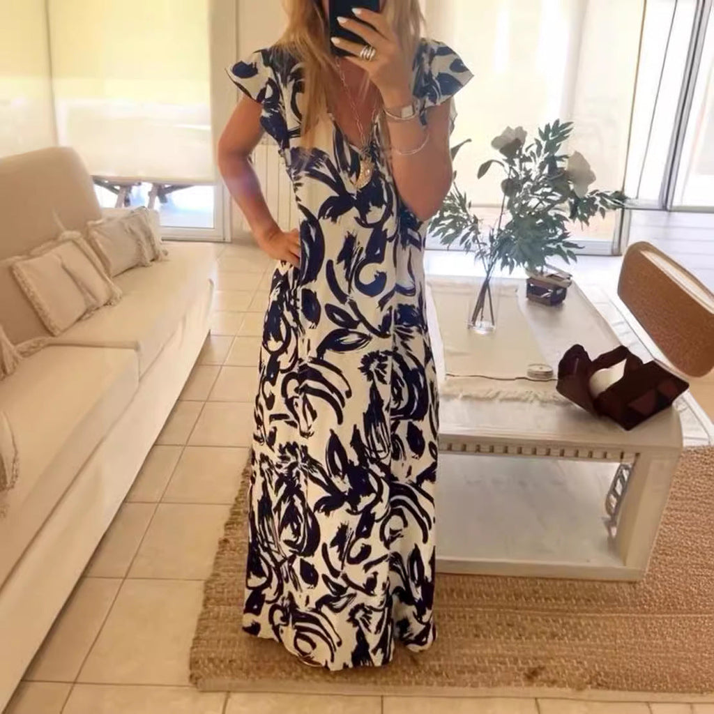 Damen Maxikleid mit voluminösen Ärmeln und elegantem V-Ausschnitt