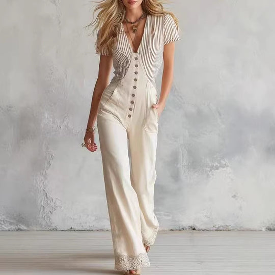 Damen Taillierter Jumpsuit mit V-Ausschnitt, Knopfleiste und Spitzenbesatz Shop Nory