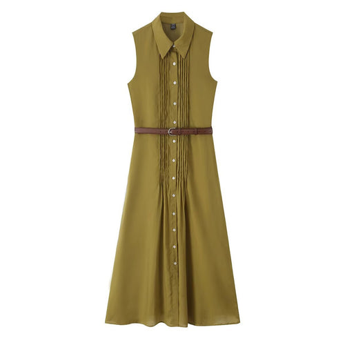 Damen Ärmelloses Hemdblusenkleid mit Kellerfalten, durchgehender Knopfleiste und Taillengürtel Shop Nory