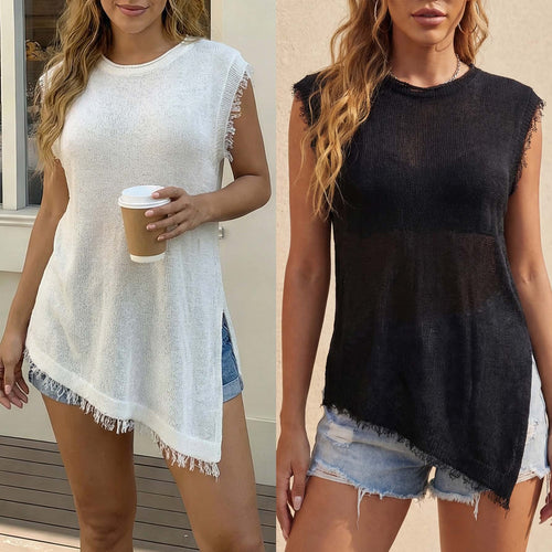 Damen lässiges Leinen-Top mit fransigen Details