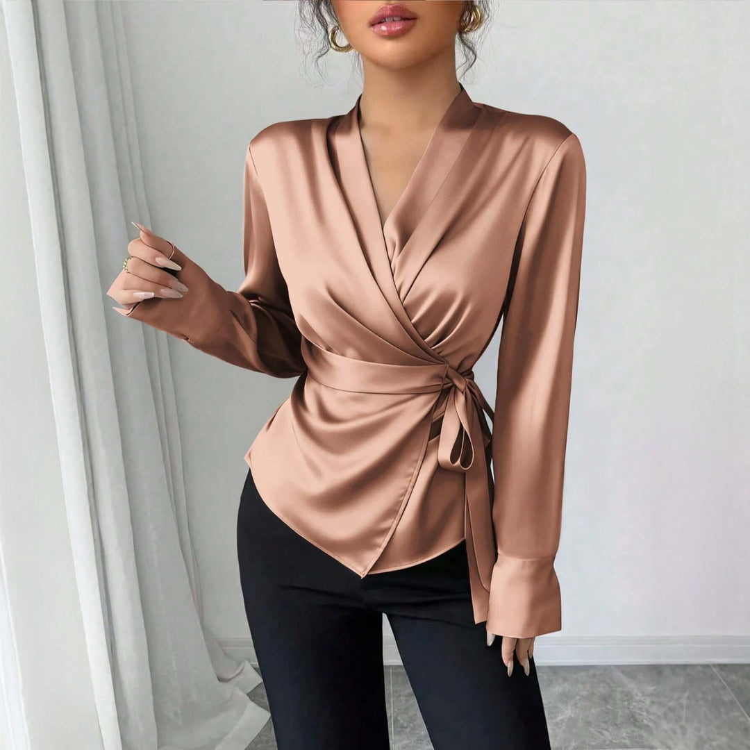 Damen Satin-Wickelbluse mit V-Ausschnitt, Taillengürtel und schmalem Manschettenärmel Shop Nory