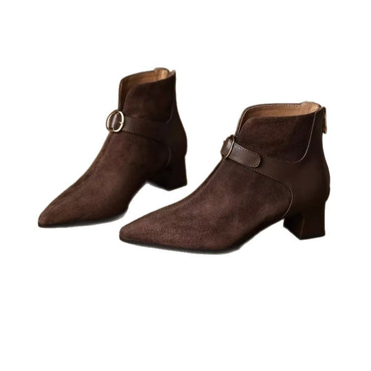 Damen elegante spitze Velours-Ankle-Boots mit mittelhohem Blockabsatz und Zierspange Shop Nory