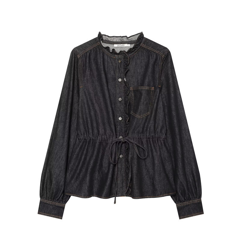 Damen taillierte Blusenjacke in Jeansoptik mit Rüschenkragen und Tunnelzug Shop Nory