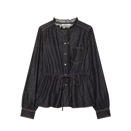 Damen taillierte Blusenjacke in Jeansoptik mit Rüschenkragen und Tunnelzug Shop Nory