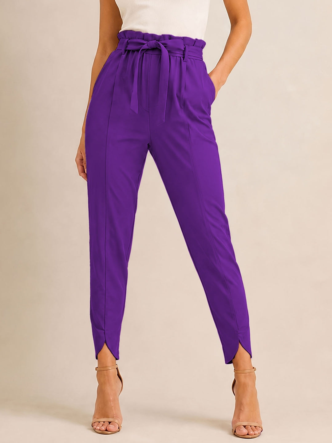 Damen hoch taillierte Paperbag-Hose mit Bindegürtel und geschlitztem Knöchelabschluss Shop Nory