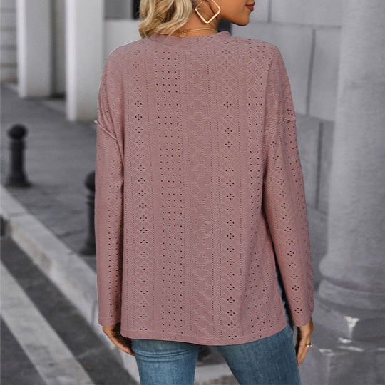 Damen Langärmelige Broderie-Anglaise-Bluse mit Henley-Knopfleiste & seitlichen Schlitzen Shop Nory
