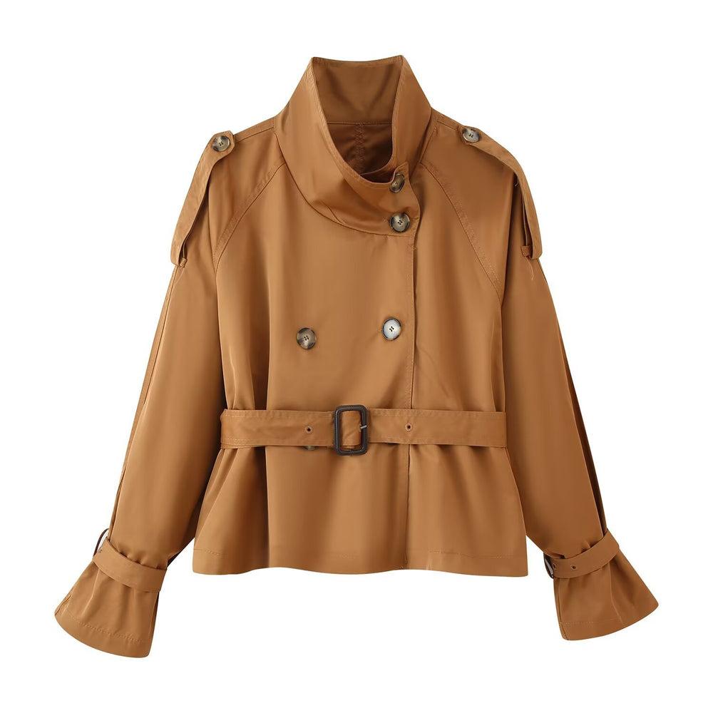 Damen Kurz geschnittener Doppelreiher-Trench mit weitem Schalkragen, taillierendem Gürtel und verstellbaren Ärmelriemen Shop Nory