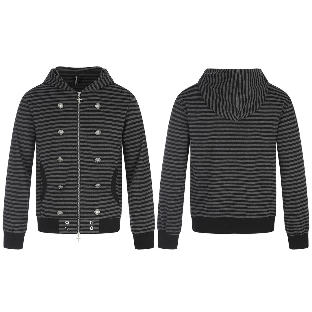Herren Gestreifte Kapuzenjacke mit Doppelknopf-Optik, Rippenbündchen und Kreuz-Zipper Shop Nory
