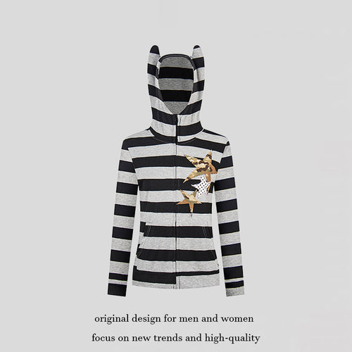 Damen Kapuzenjacke mit Ohren, gestreifter Zip-Cardigan und Sternapplikationen Shop Nory