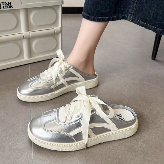 Damen Satin-Schnürpantoffel Mule-Sneaker mit offener Fersenpartie und Metallic-Optik Shop Nory