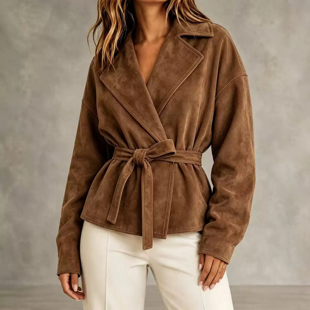 Damen Veloursleder-Blazer mit Wickelgürtel und Oversize-Ärmeln Shop Nory