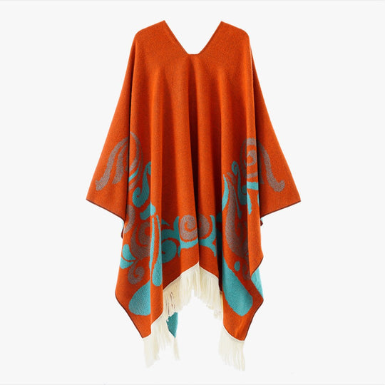 Damen Ornamentaler Jacquard‑Poncho mit V‑Ausschnitt und Fransensaum Shop Nory