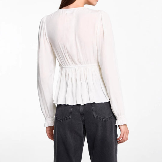 Damen Schößchenbluse aus strukturiertem Viskosegewebe mit V‑Ausschnitt und Knopfleiste Shop Nory
