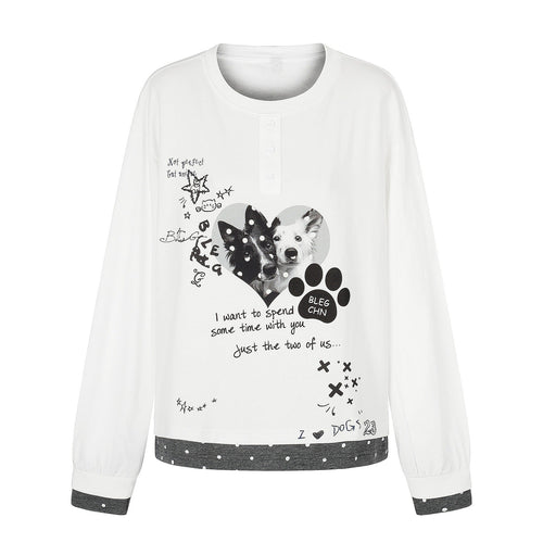 Damen Langarm-Pyjama-Top mit halbnaher Knopfleiste, Herz-Hundeprint und kontrastiertem Bündchen Shop Nory