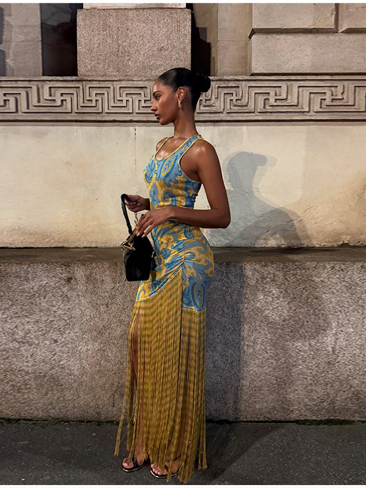 Damen Maxikleid mit Fransen und floralem Design