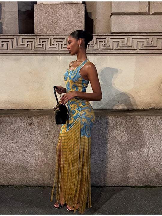 Damen Maxikleid mit Fransen und floralem Design