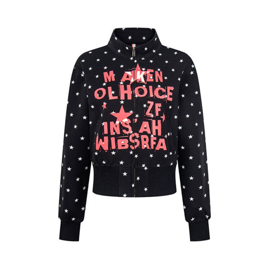 Damen Kurze Reißverschluss-Sweatjacke mit Stehkragen, Allover-Sternprint und Statement-Frontprint Shop Nory