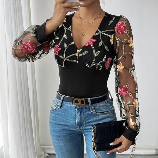 Damen Bestickter Mesh-Body mit V-Ausschnitt, figurformendem Rumpf und transparenten Blumenärmeln Shop Nory