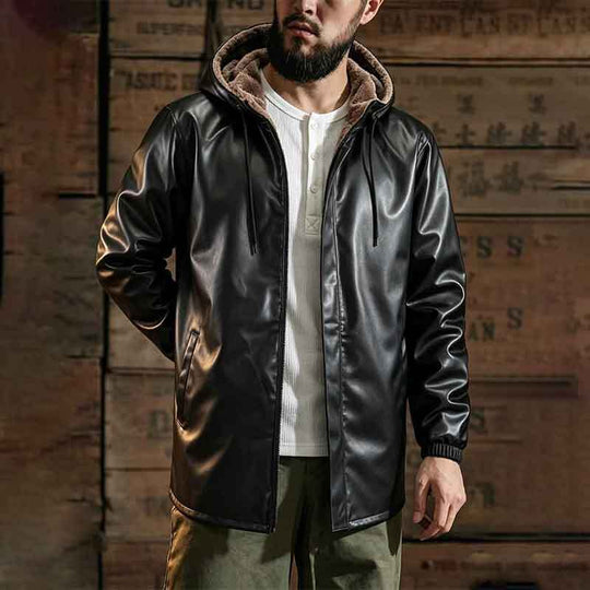 Herren Modische Kunstlederjacke mit Kapuze und Fleecefutter Shop Nory