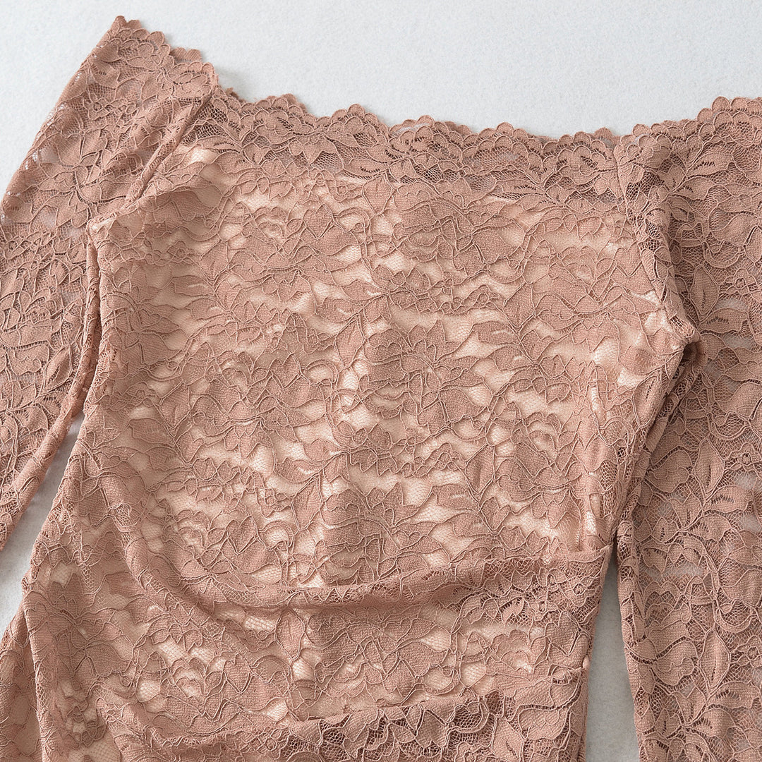 Damen Schulterfreies Spitzenkleid mit Taillenraffung und Langarm Shop Nory