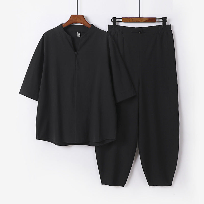 Herren Zweiteiliges Leichtes Leinen-Baumwoll-Set mit Mandarin-Kragen und elastischer Bundhose Shop Nory