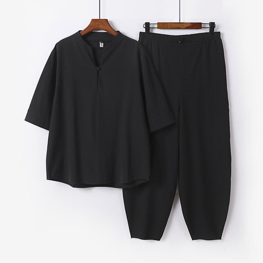 Herren Zweiteiliges Leichtes Leinen-Baumwoll-Set mit Mandarin-Kragen und elastischer Bundhose Shop Nory