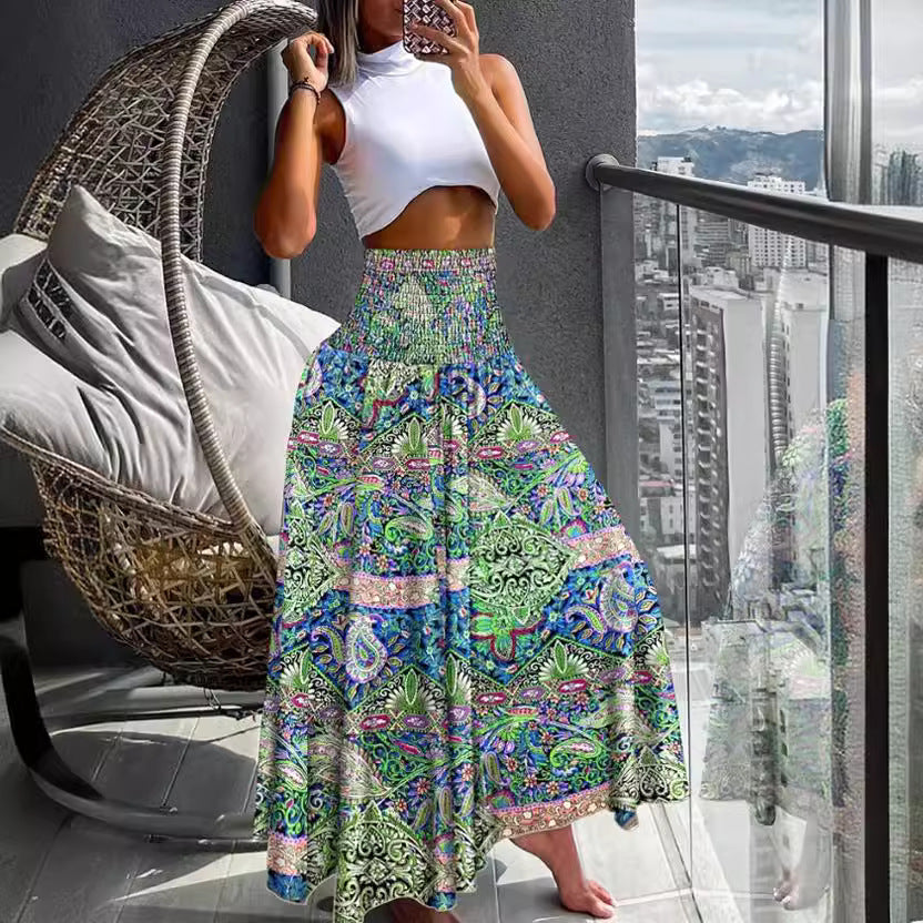 Damen Maxirock mit hohem Smockbund und weitem Boho-Print Shop Nory