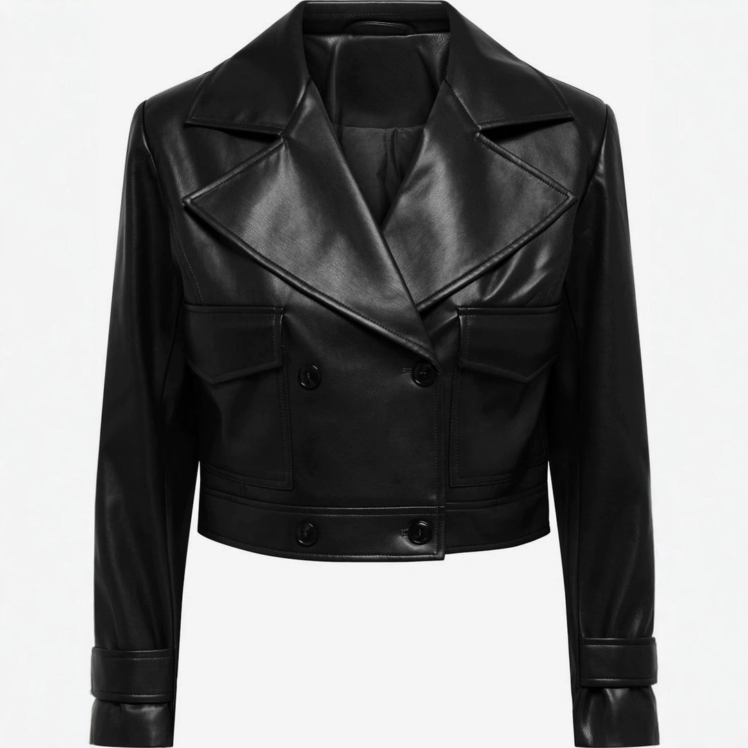 Damen kurz geschnittene Doppelreihige Lederjacke mit breitem Revers Shop Nory