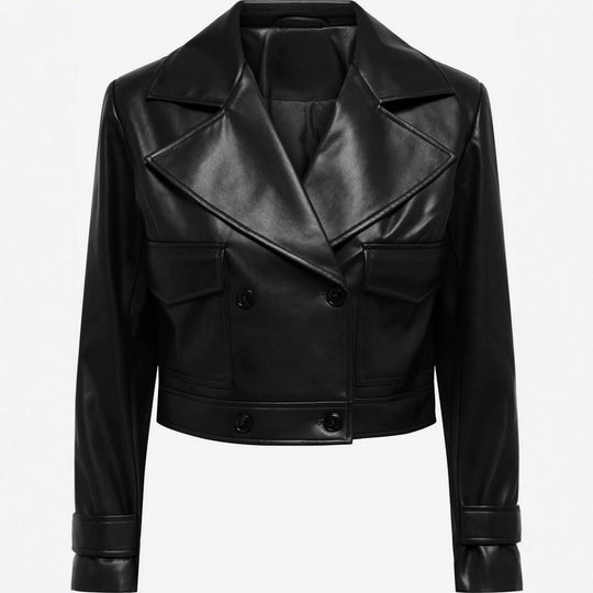 Damen kurz geschnittene Doppelreihige Lederjacke mit breitem Revers Shop Nory