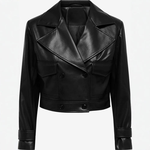 Damen kurz geschnittene Doppelreihige Lederjacke mit breitem Revers Shop Nory