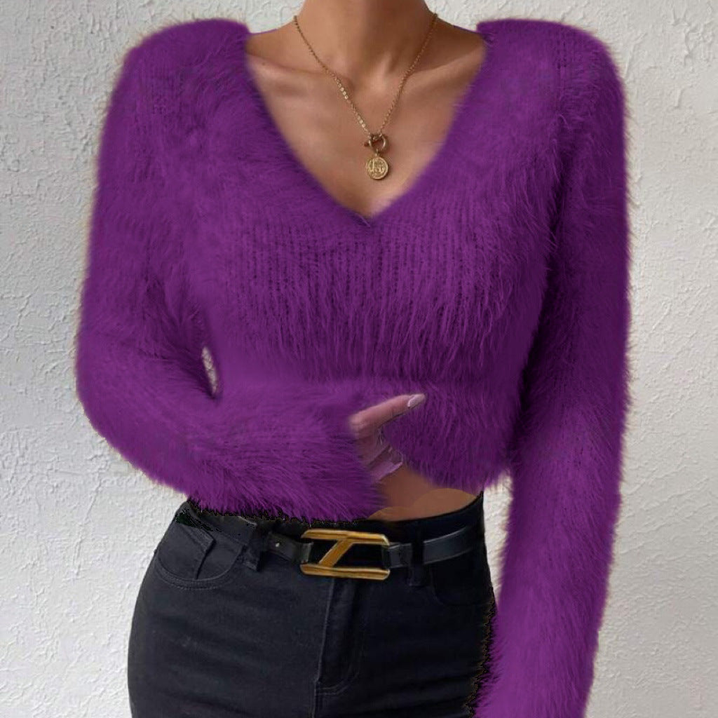Damen Flauschiger Crop-Pullover mit V-Ausschnitt und Eyelash-Struktur Shop Nory