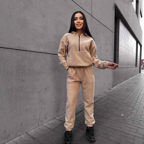 Damen sportliches Fleece-Set mit halbhohem Reißverschluss Kapuzenhoodie und lässiger Jogginghose Shop Nory