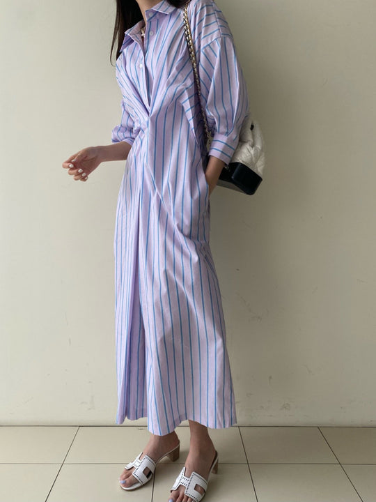 Damen Gestreiftes Hemdblusenkleid Maxi mit verdeckter Knopfleiste und Seitentaschen Shop Nory